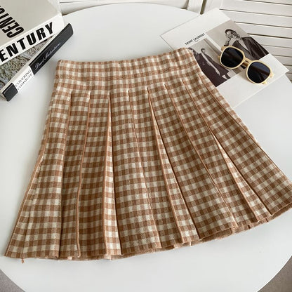 High Waist Plaid Pleated Mini A-Line Knit Skirt mySite