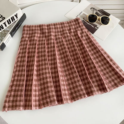 High Waist Plaid Pleated Mini A-Line Knit Skirt mySite