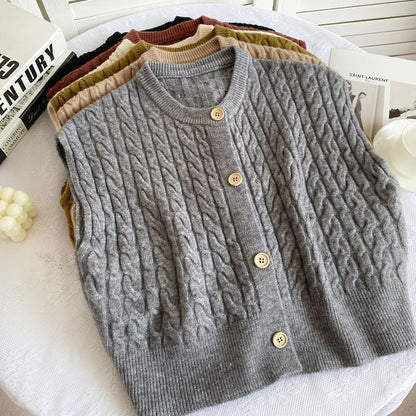 Crew Neck Plain Cable Knit Button Sweater Vest mySite