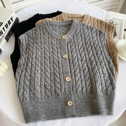 Crew Neck Plain Cable Knit Button Sweater Vest mySite