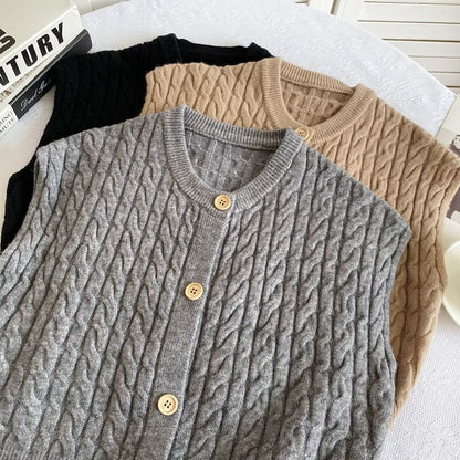 Crew Neck Plain Cable Knit Button Sweater Vest mySite