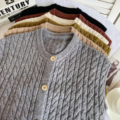 Crew Neck Plain Cable Knit Button Sweater Vest mySite