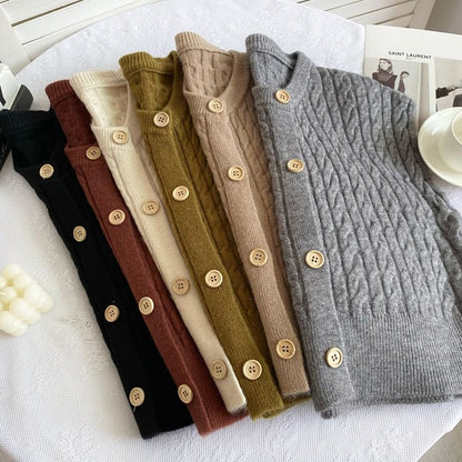 Crew Neck Plain Cable Knit Button Sweater Vest mySite