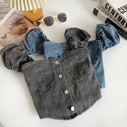 Puff-Sleeve Washed Denim Button Crop Top mySite