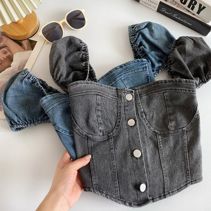 Puff-Sleeve Washed Denim Button Crop Top mySite