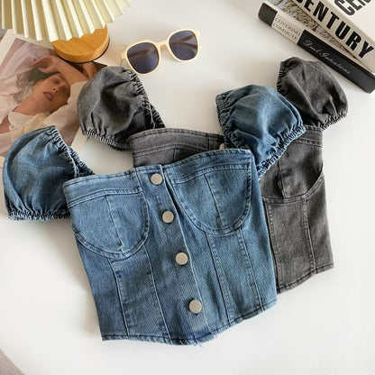 Puff-Sleeve Washed Denim Button Crop Top mySite