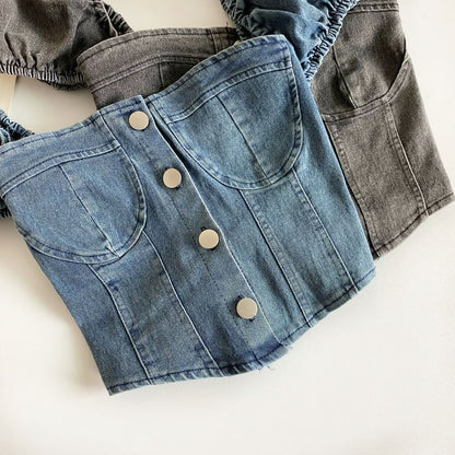 Puff-Sleeve Washed Denim Button Crop Top mySite