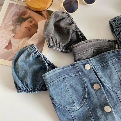 Puff-Sleeve Washed Denim Button Crop Top mySite