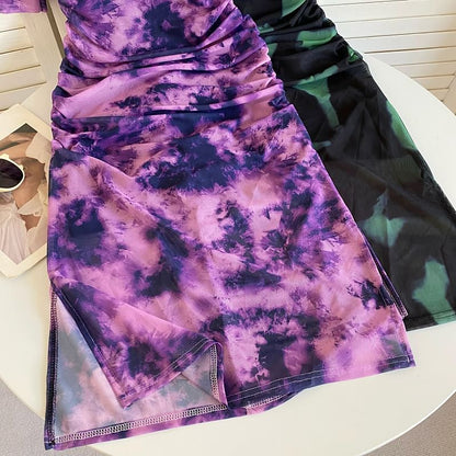 Short-Sleeve Square Neck Tie Dye Ruched Slit Midi Sheath Dress mySite