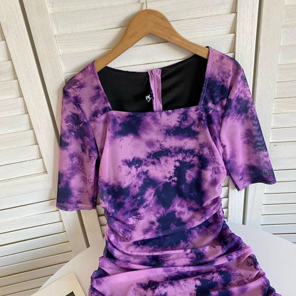 Short-Sleeve Square Neck Tie Dye Ruched Slit Midi Sheath Dress mySite