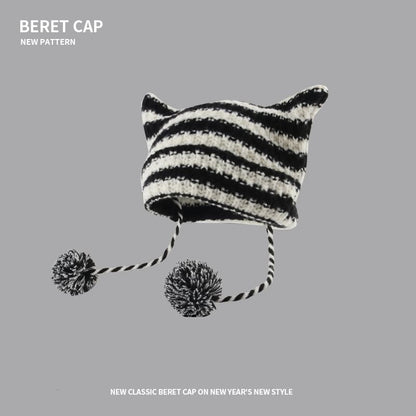 Devil Ear Striped Pom Pom Knit Beanie SpreePicky