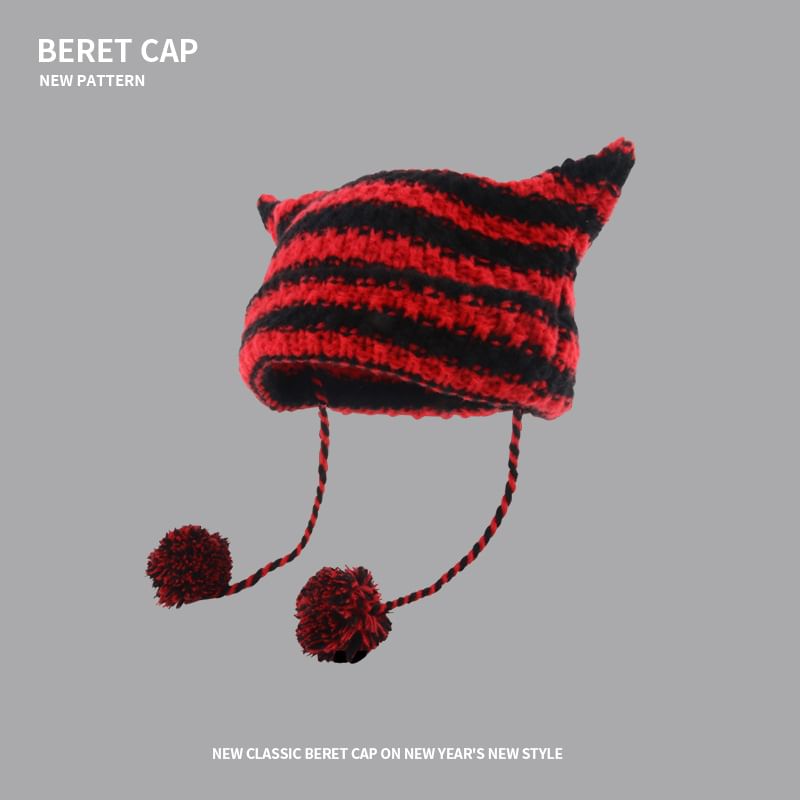 Devil Ear Striped Pom Pom Knit Beanie SpreePicky