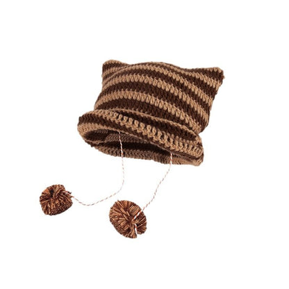 Devil Ear Striped Pom Pom Knit Beanie SpreePicky