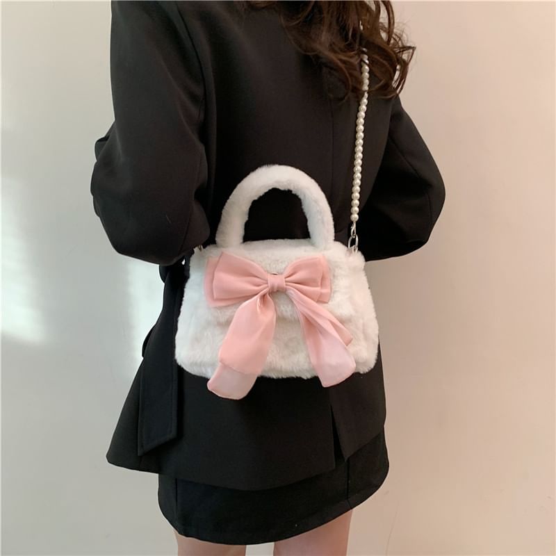 Faux Pearl Strap Fluffy Bow Flap Crossbody Bag SpreePicky