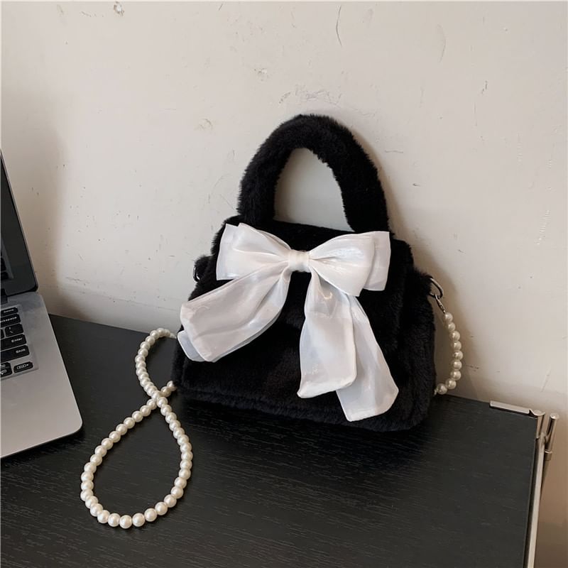 Faux Pearl Strap Fluffy Bow Flap Crossbody Bag SpreePicky