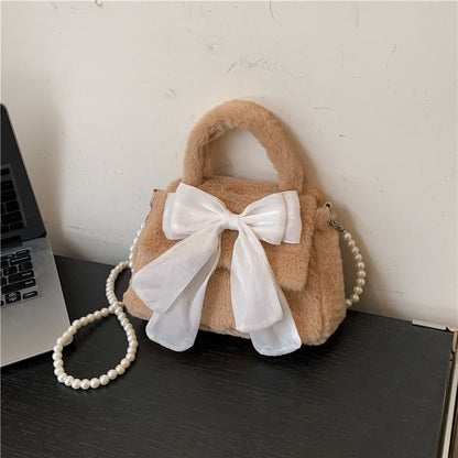 Faux Pearl Strap Fluffy Bow Flap Crossbody Bag SpreePicky