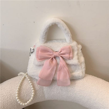 Faux Pearl Strap Fluffy Bow Flap Crossbody Bag SpreePicky