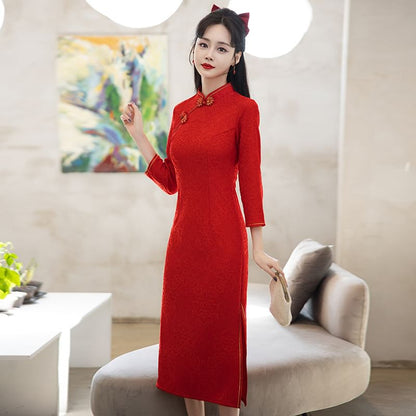 Long-Sleeve Band Collar Plain Midi Qipao SpreePicky