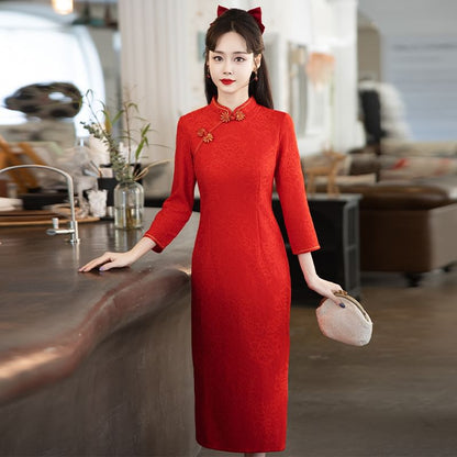 Long-Sleeve Band Collar Plain Midi Qipao SpreePicky