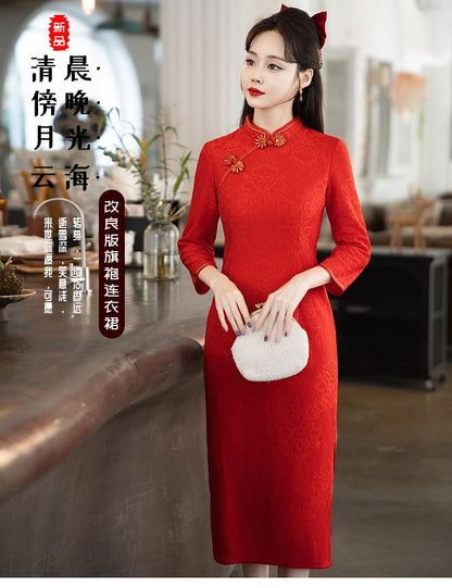 Long-Sleeve Band Collar Plain Midi Qipao SpreePicky