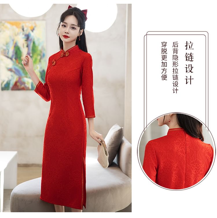 Long-Sleeve Band Collar Plain Midi Qipao SpreePicky