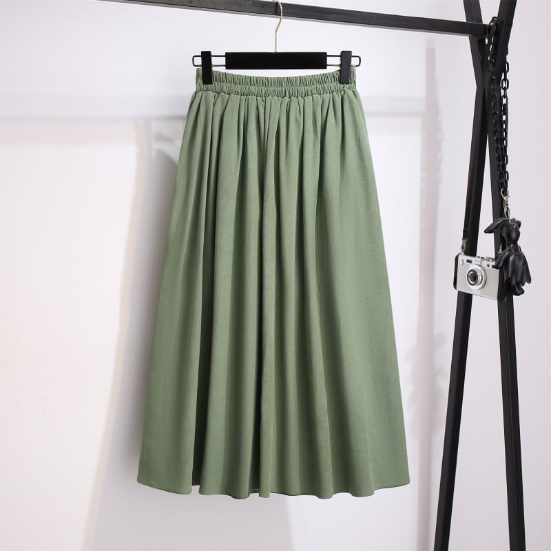 Long-Sleeve Band Collar Bamboo Hanfu Blouse / Mid Rise Plain Midi A-Line Skirt SpreePicky