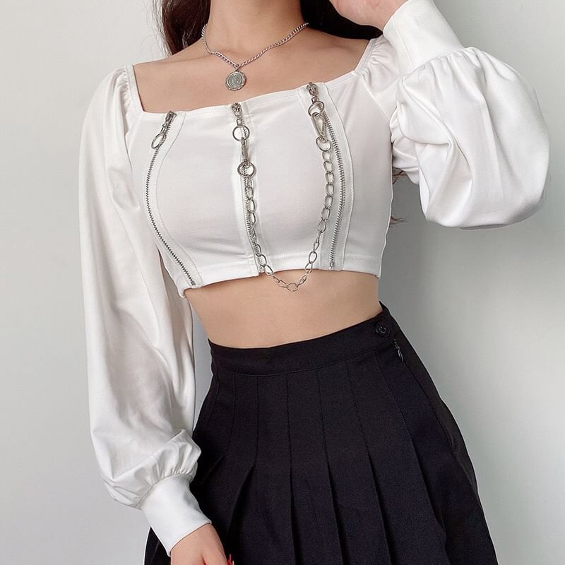 Square-Neck Plain Zip Cropped Top SpreePicky