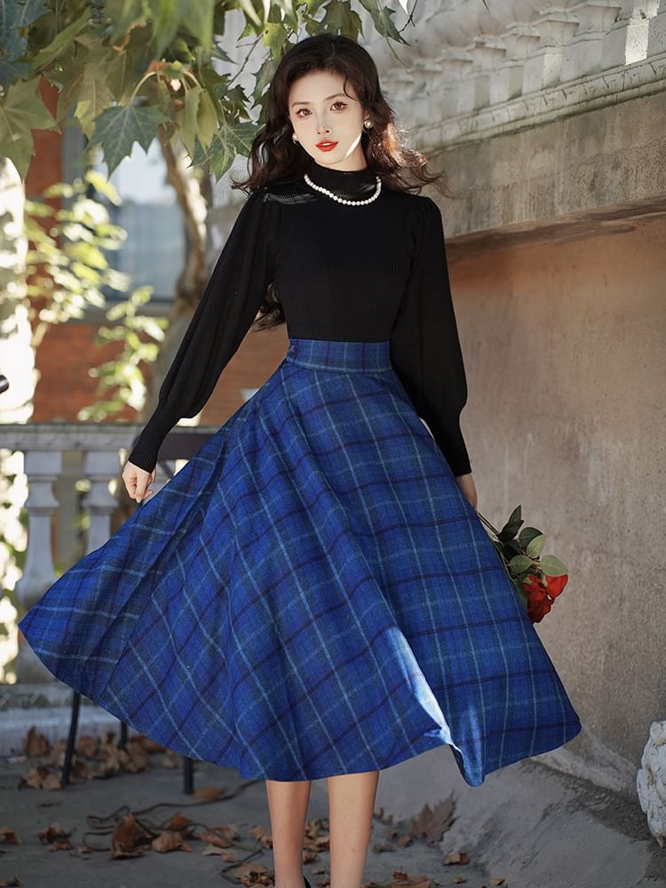 Balloon Sleeve Mock Neck Plain Sweater / High Waist Plaid Midi A SpreePicky