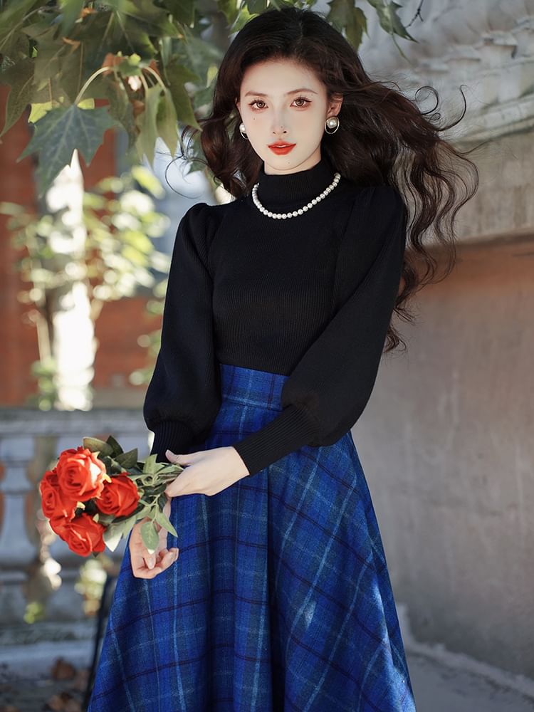 Balloon Sleeve Mock Neck Plain Sweater / High Waist Plaid Midi A SpreePicky