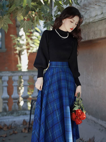 Balloon Sleeve Mock Neck Plain Sweater / High Waist Plaid Midi A SpreePicky