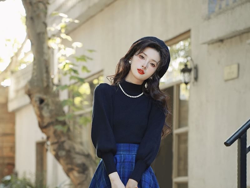 Balloon Sleeve Mock Neck Plain Sweater / High Waist Plaid Midi A SpreePicky