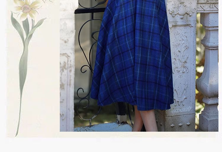 Balloon Sleeve Mock Neck Plain Sweater / High Waist Plaid Midi A SpreePicky