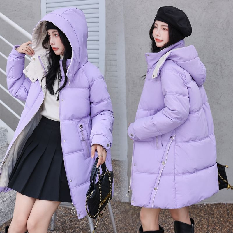 Hooded Two Tone Plain Puffer Coat SpreePicky