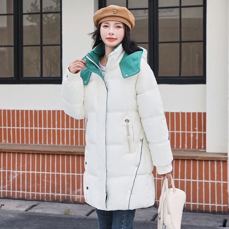 Hooded Two Tone Plain Puffer Coat SpreePicky