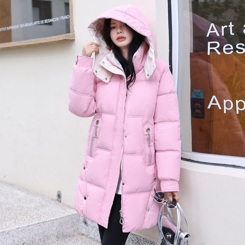 Hooded Two Tone Plain Puffer Coat SpreePicky