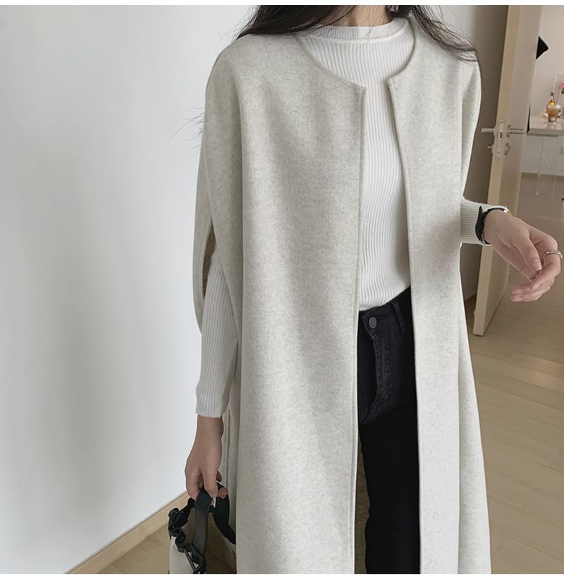 Round Neck Plain Midi Open Front Vest SpreePicky