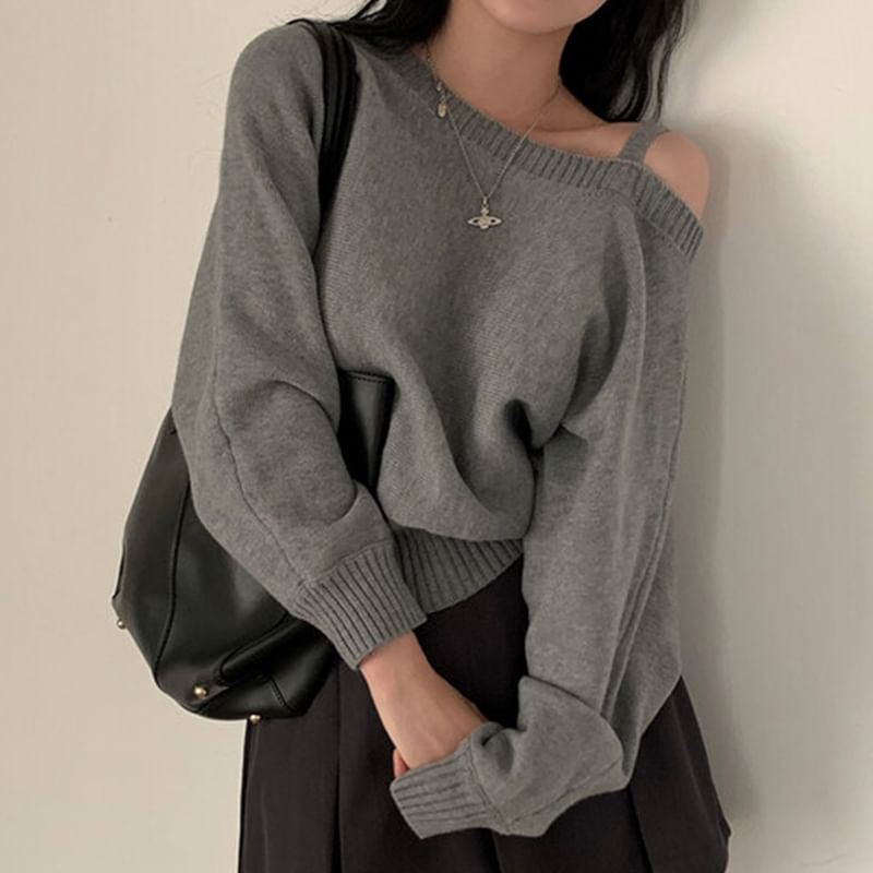 Asymmetrical Neck Cold-Shoulder Sweater SpreePicky