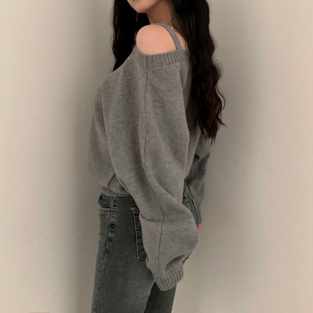 Asymmetrical Neck Cold-Shoulder Sweater SpreePicky