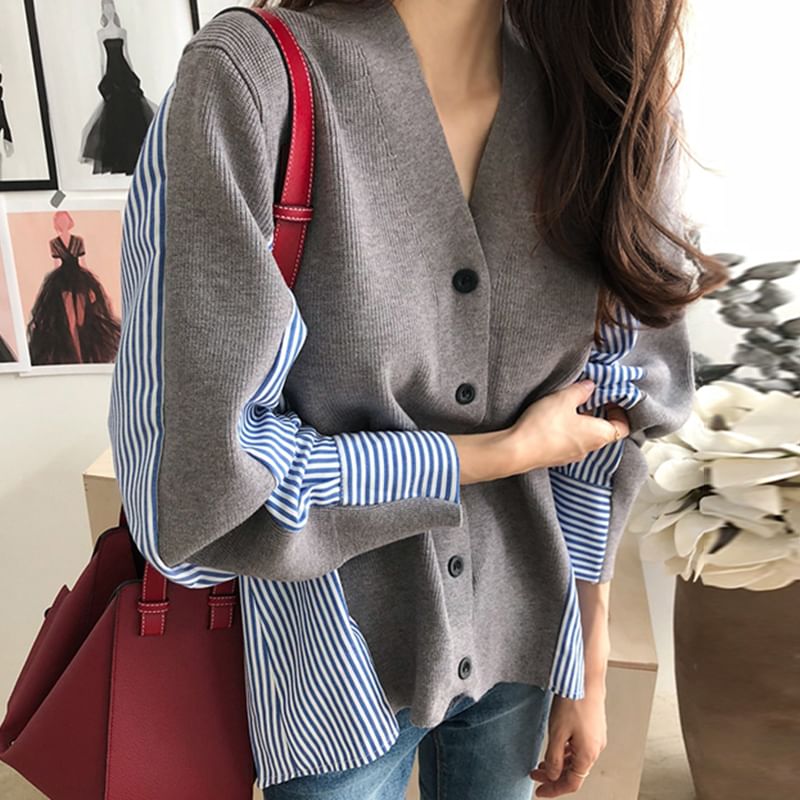 V-Neck Striped Panel Cardigan SpreePicky