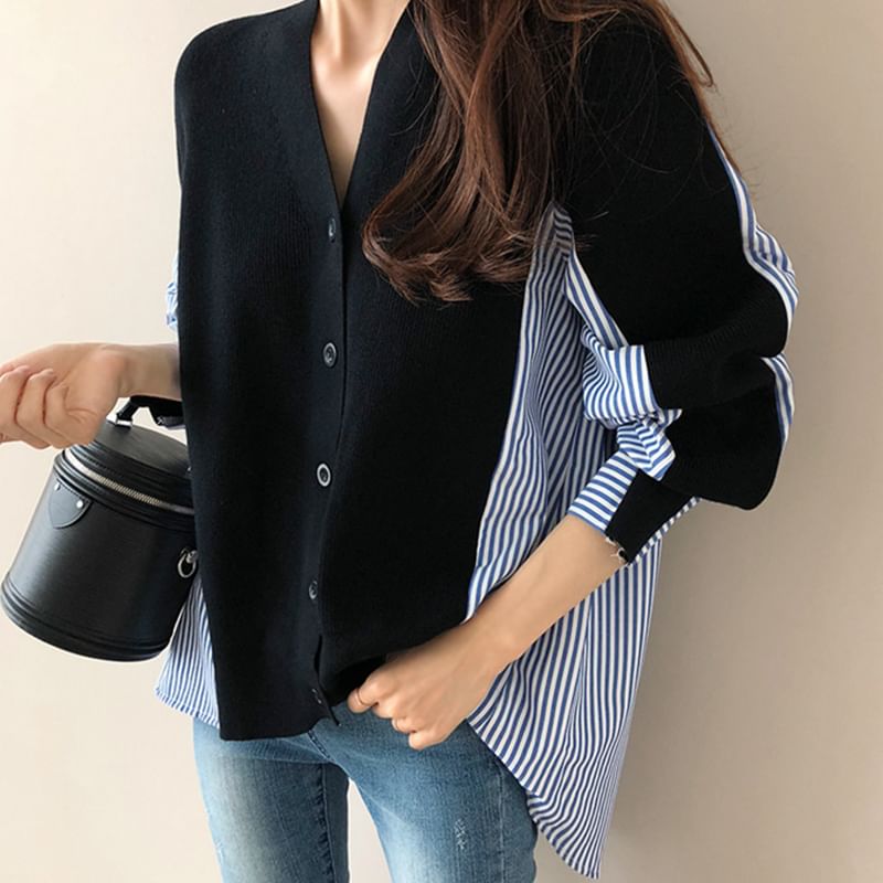 V-Neck Striped Panel Cardigan SpreePicky