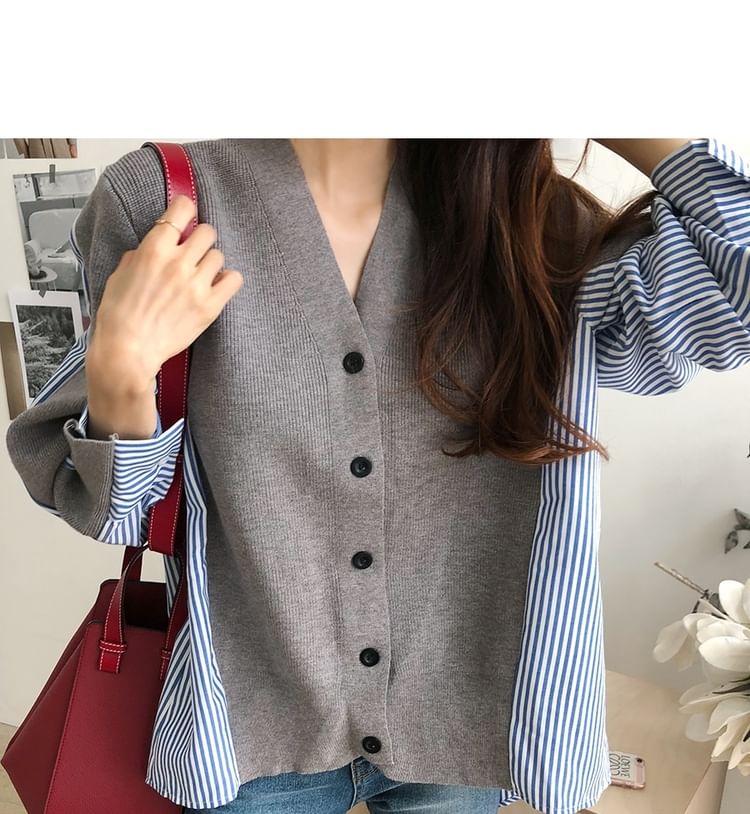 V-Neck Striped Panel Cardigan SpreePicky