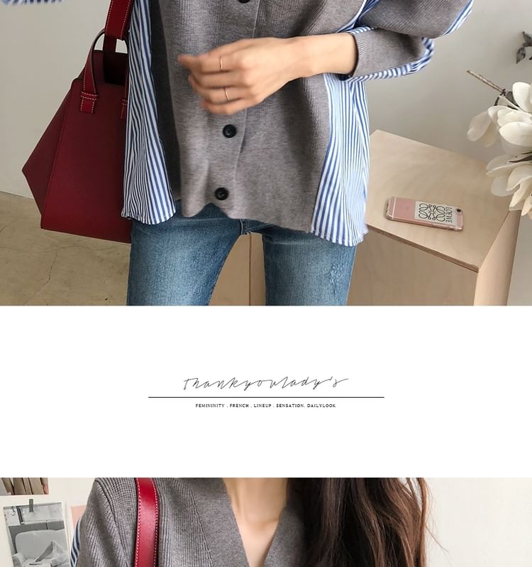 V-Neck Striped Panel Cardigan SpreePicky