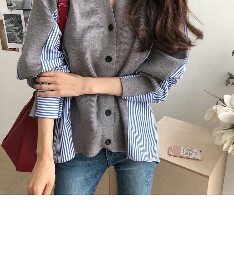 V-Neck Striped Panel Cardigan SpreePicky