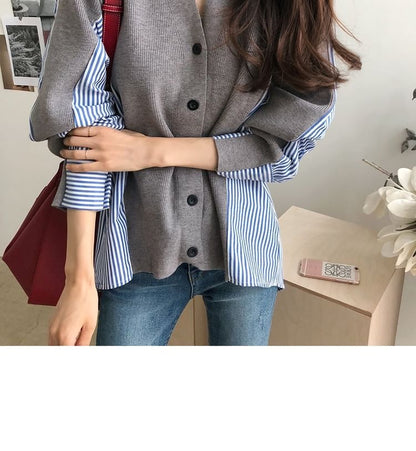 V-Neck Striped Panel Cardigan SpreePicky