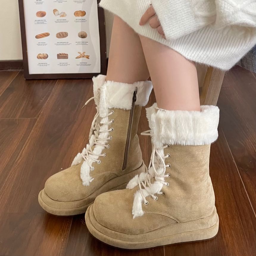 Fleece Lined Lace Up Mid Calf Boots SpreePicky