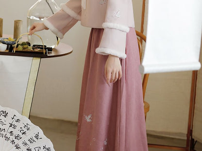 Stand Collar Butterfly Embroidered Fluffy Trim Tie Front Jacket / High Waist Midi A SpreePicky