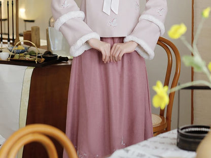 Stand Collar Butterfly Embroidered Fluffy Trim Tie Front Jacket / High Waist Midi A SpreePicky