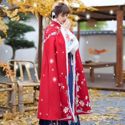 Stand Collar Floral Embroidered Fluffy Trim Tie Front Hanfu Cape SpreePicky