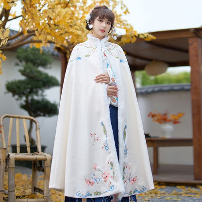 Stand Collar Floral Embroidered Fluffy Trim Tie Front Hanfu Cape SpreePicky