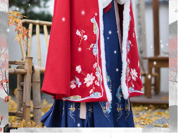 Stand Collar Floral Embroidered Fluffy Trim Tie Front Hanfu Cape SpreePicky